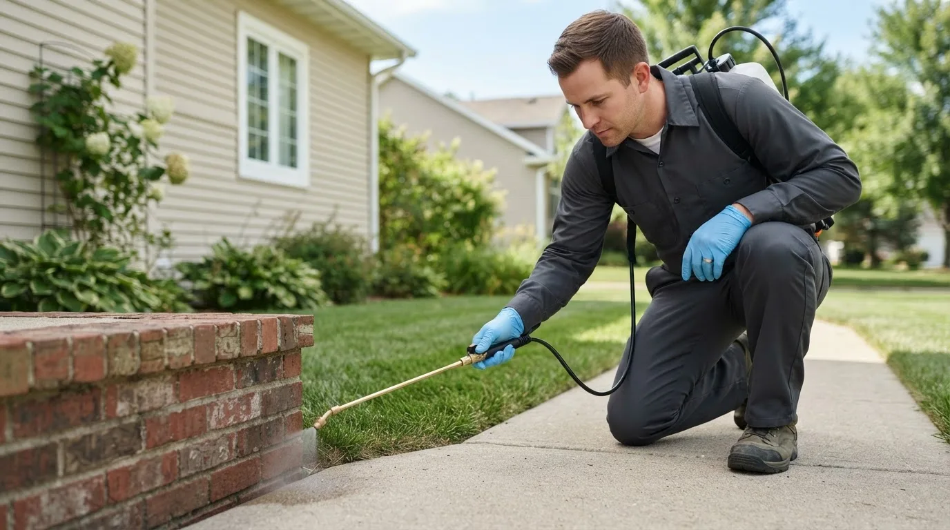 Pest control technician treating a home near Dumont, IA