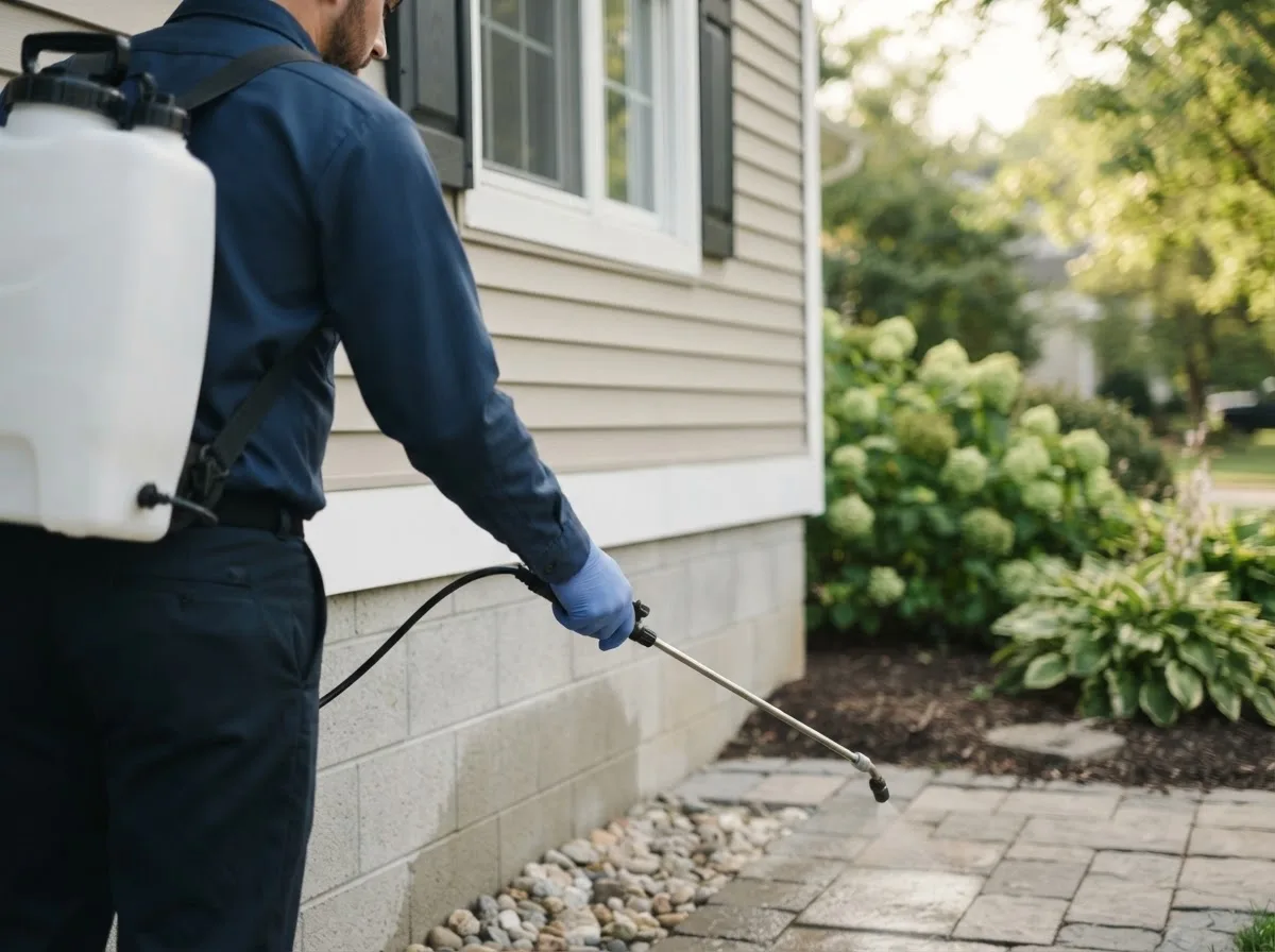 Pest control technician inspecting a home in Dumont, IA